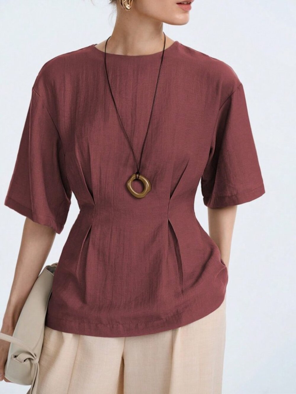 Brick Red Woven Blouse with Waist Pleat Detail